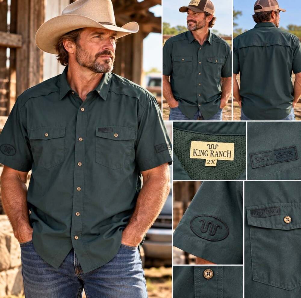 King Ranch Mens 2XL Short Sleeve Button Down Shirt Dark Green Western Outdoor